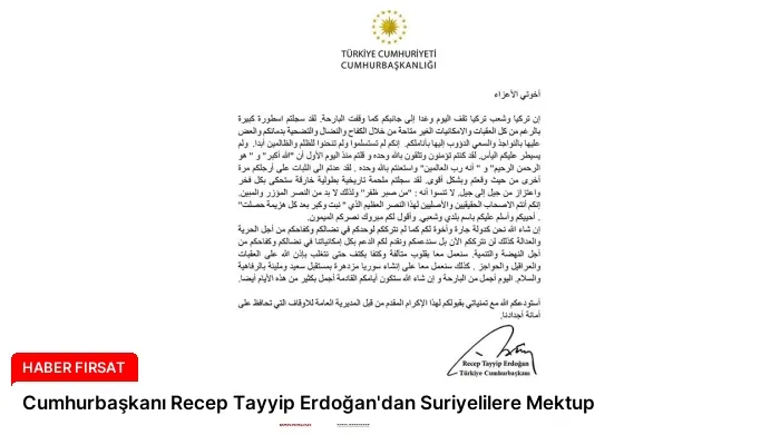 Cumhurbaşkanı Recep Tayyip Erdoğan’dan Suriyelilere Mektup
